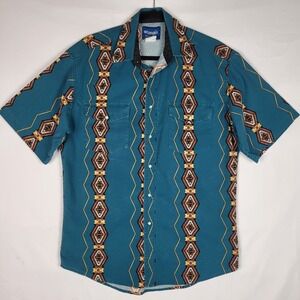 Vintage Wrangler Pearl Snap Shirt Mens Large Turquoise Aztec Western Rodeo